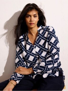 Universal Standard Avalon Linen Blend Blouse in Geometrica Print Size L, 22-24